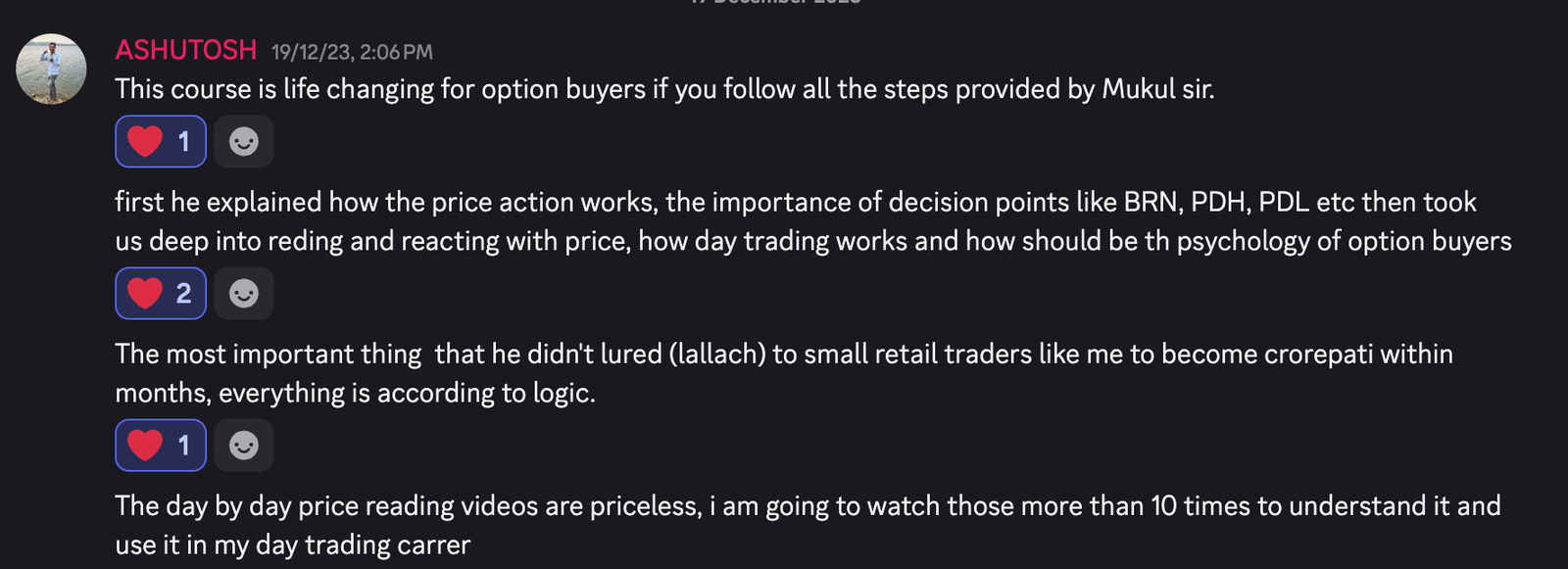 Student testimonial from Ashutosh about the options buying framework