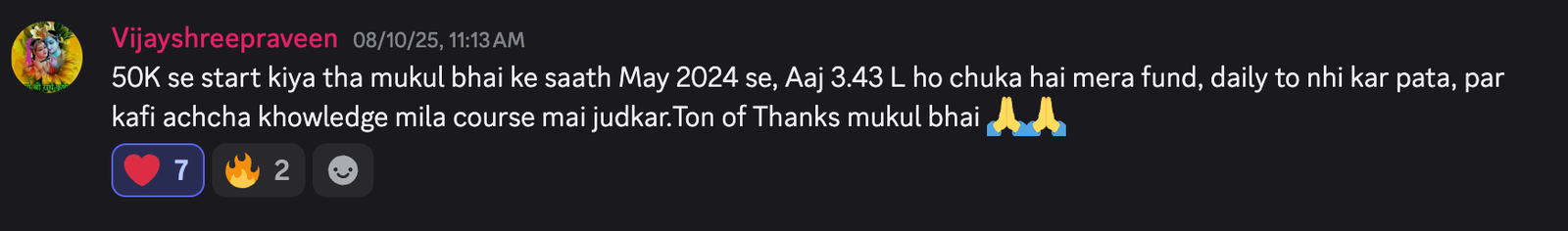 Student testimonial about trading results since May 2024